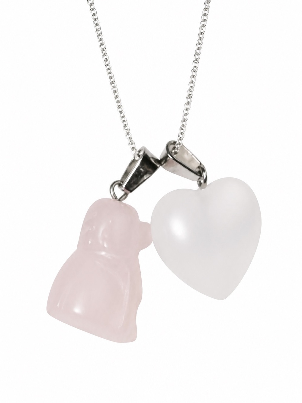 Boho hippie Rose Quartz Crystal Dog 🐕 and milky Quartz Heart Sterling Silver Ne…